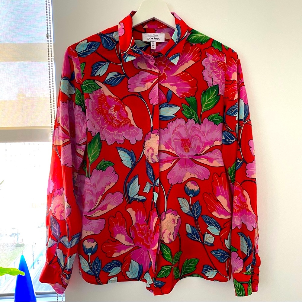 100 Silk red Pink Floral Blouse Size 6 S